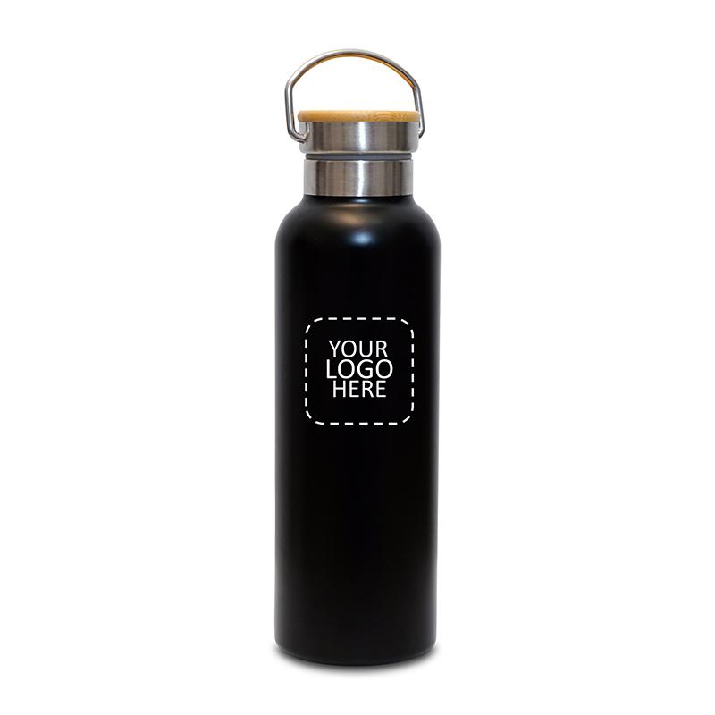 Black Double Walled Thermal Water Bottle With Bamboo Lid With Logo